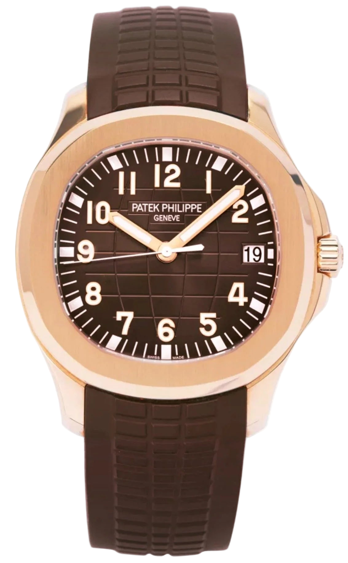 Patek Philippe watch with brown strap and rose gold case on white background