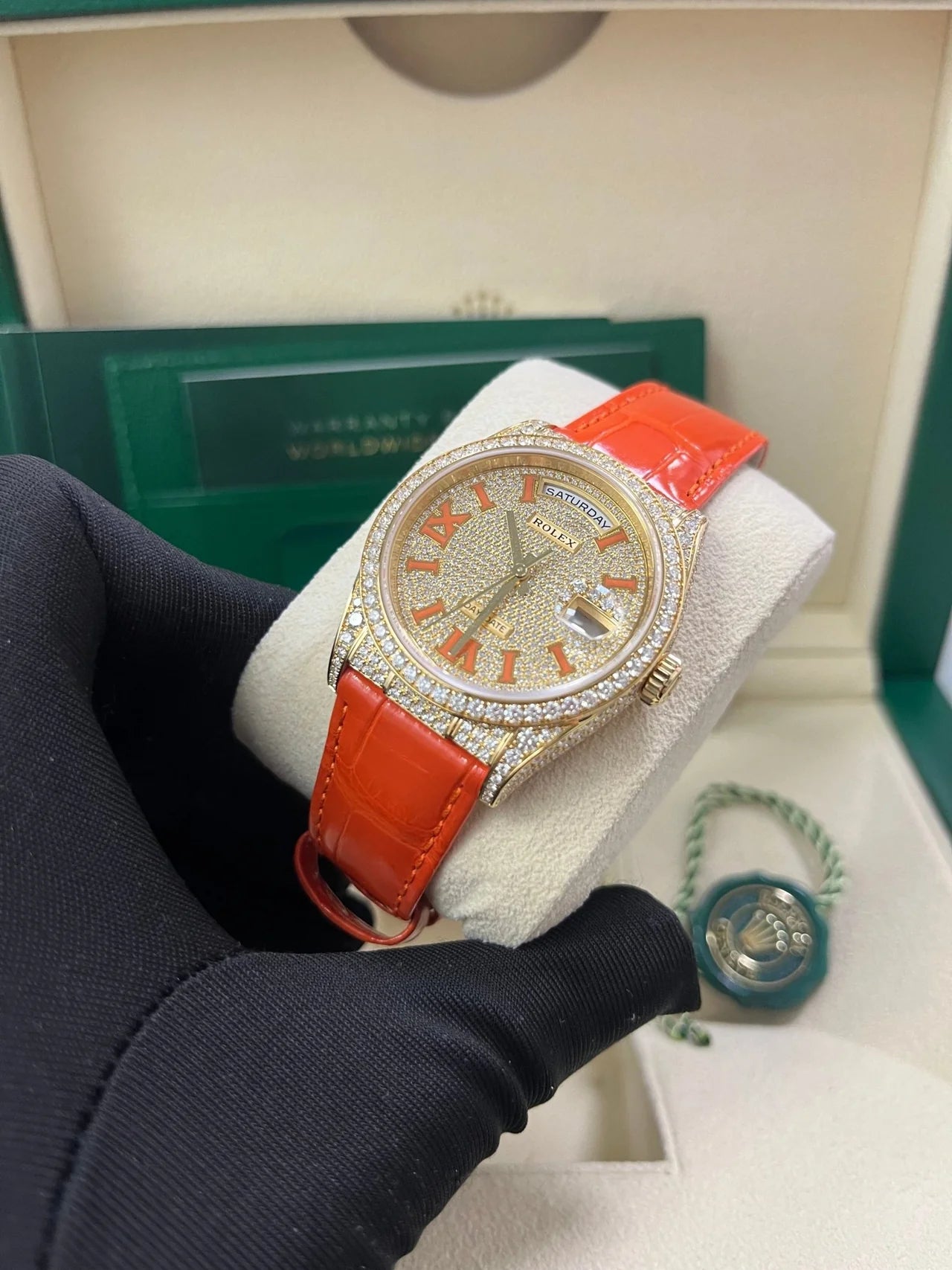 Rolex Day - Date 36 Orange Alligator Strap Pave Dial 128158rbr