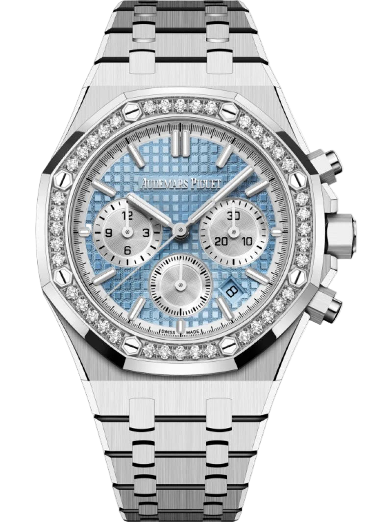Luxury watch with a silver strap and blue face on a white background