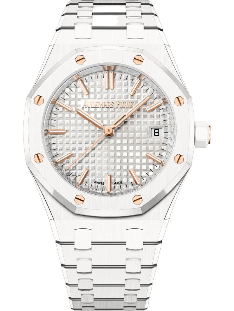 Luxury watch with silver and rose gold accents on a white background
