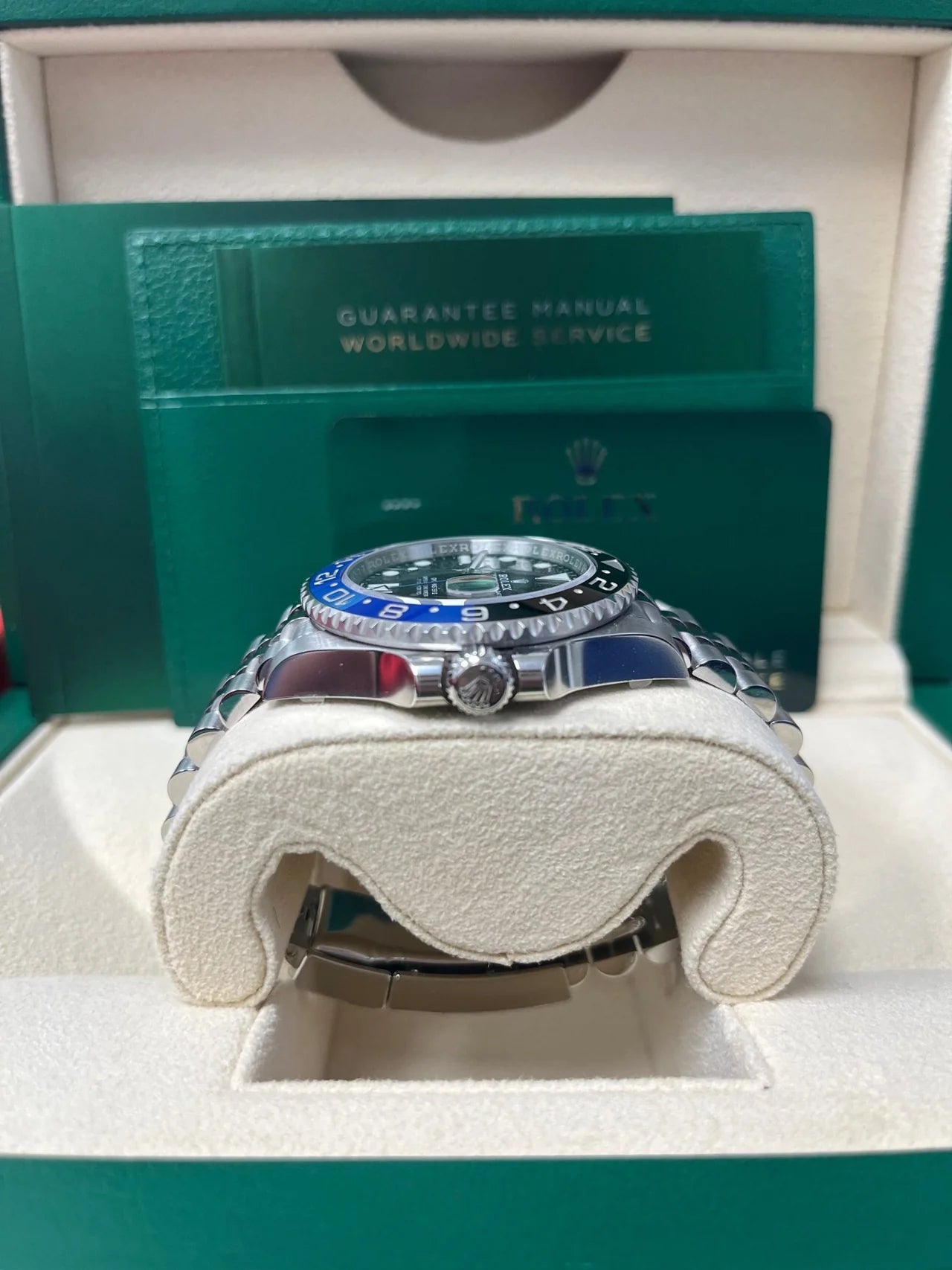 Rolex GMT-Master II "The Batman" with reference number 126710BLNR in it's box. Dial and face shown, as well as official Rolex box and documents.