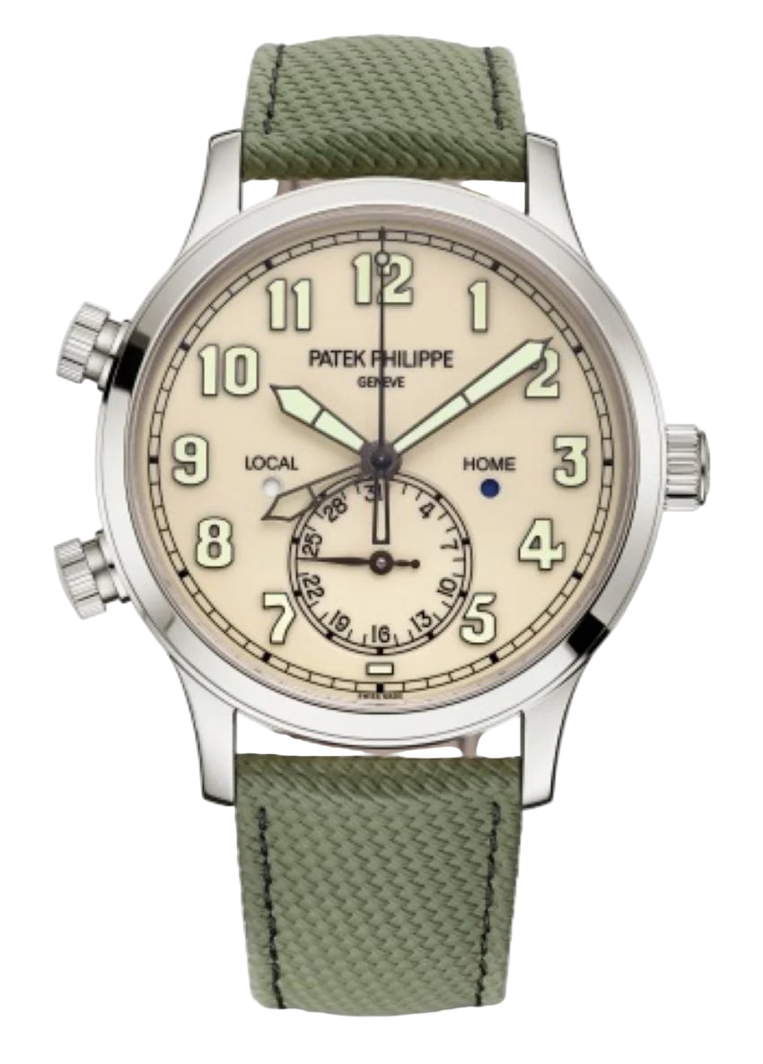 Patek Philippe watch with green strap on a white background