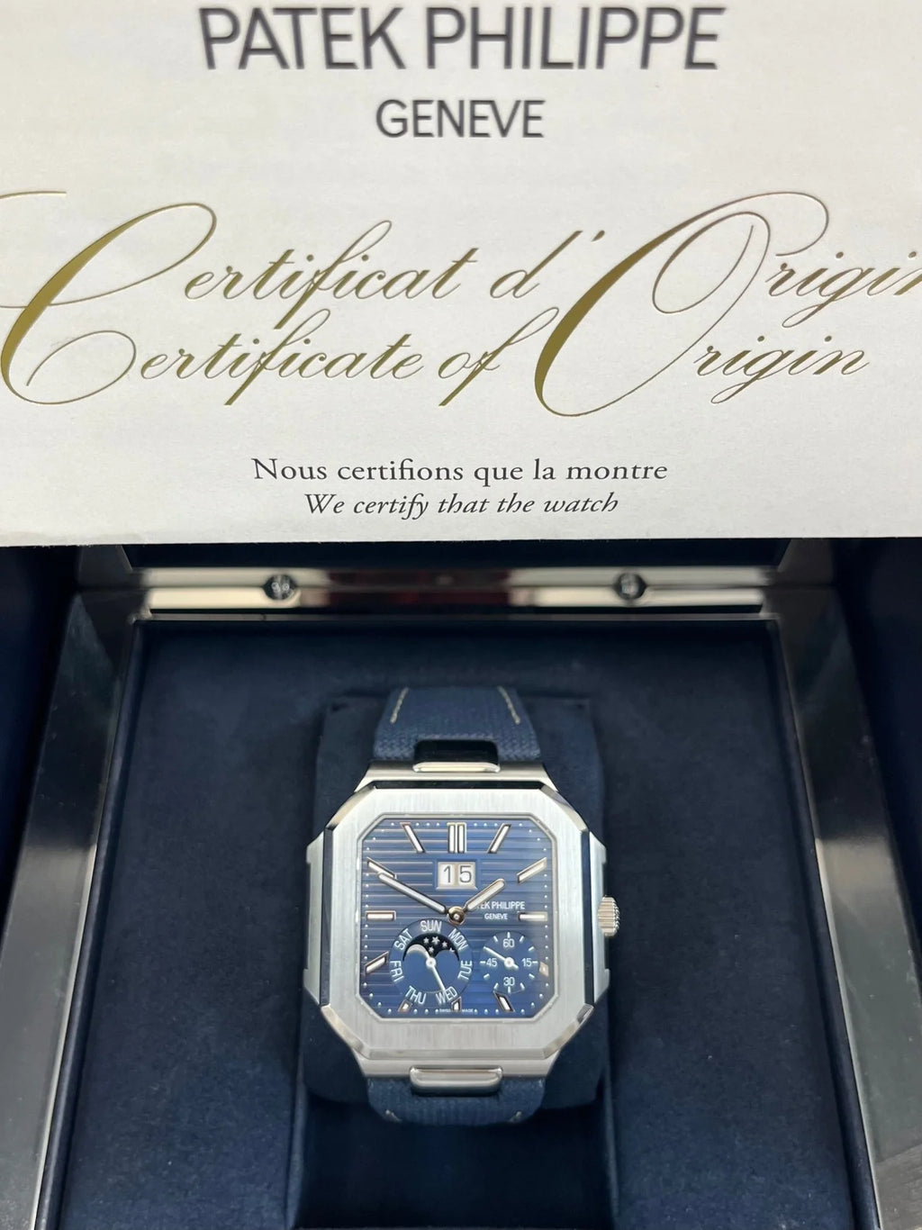 Patek Philippe Cubitus Platinum Case Sunburst Blue Dial 5822P-001