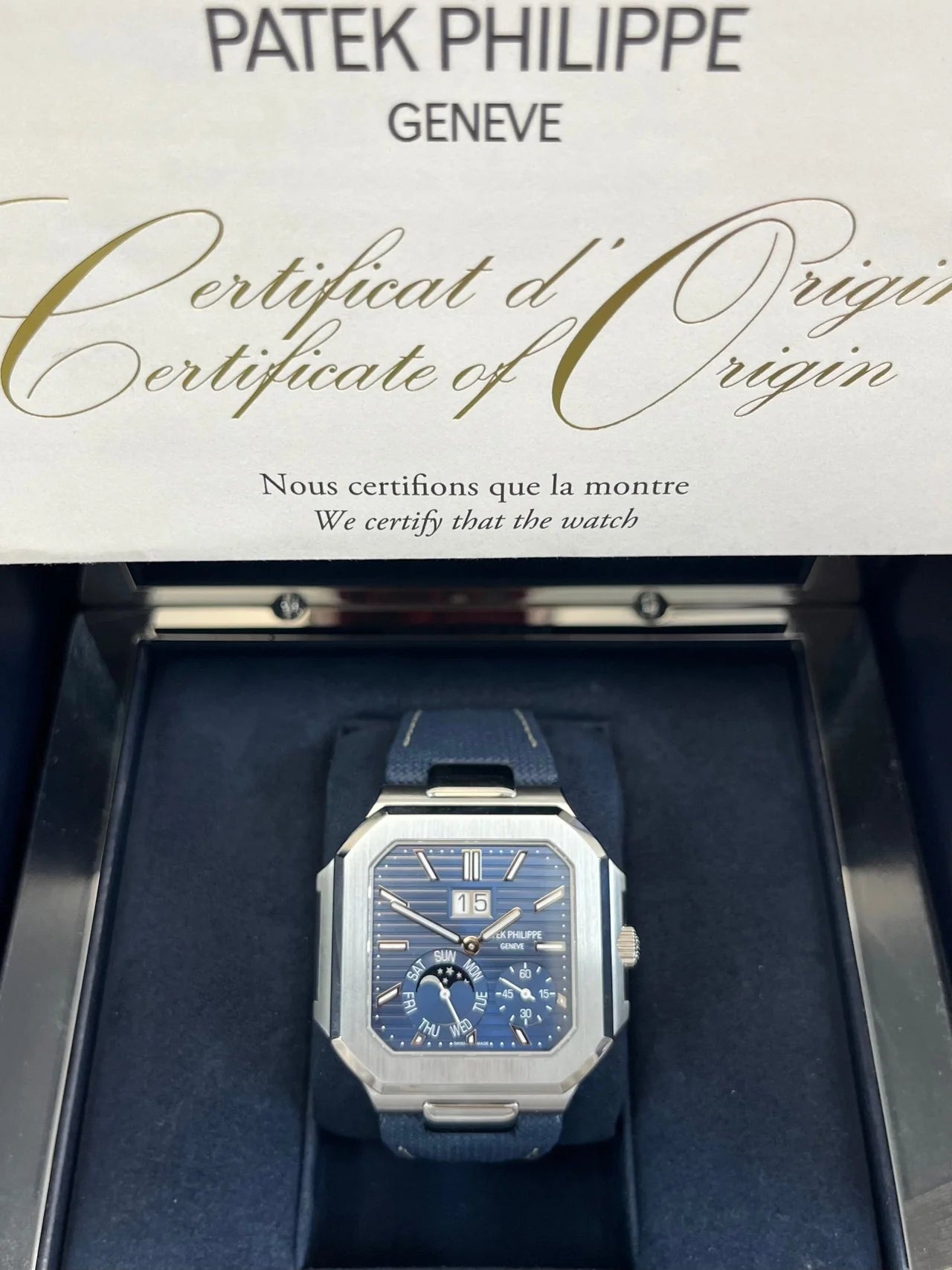 Patek Philippe Cubitus Platinum Case Sunburst Blue Dial 5822P-001