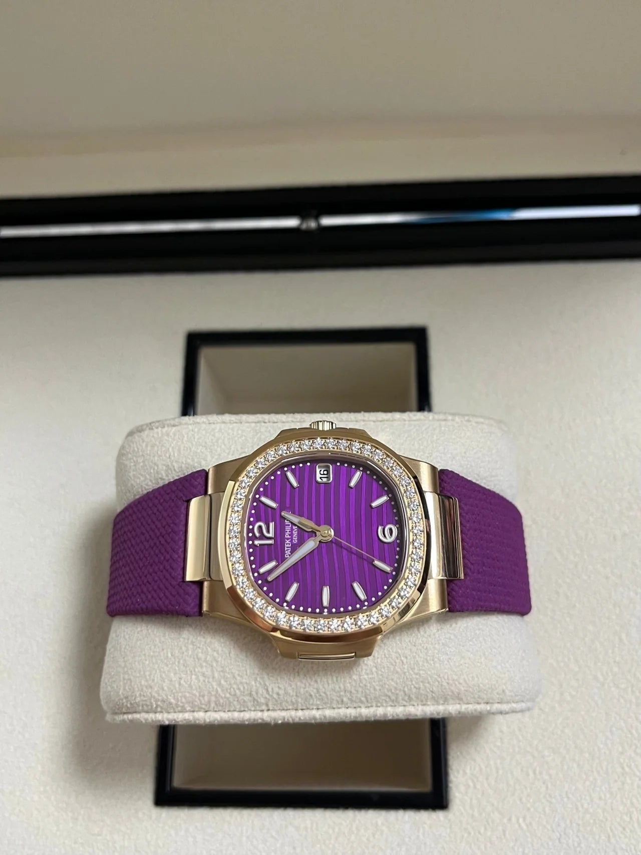 Patek Philippe Nautilus 32mm Diamond Bezel Rose Gold Purple Wave Dial 7010R-013