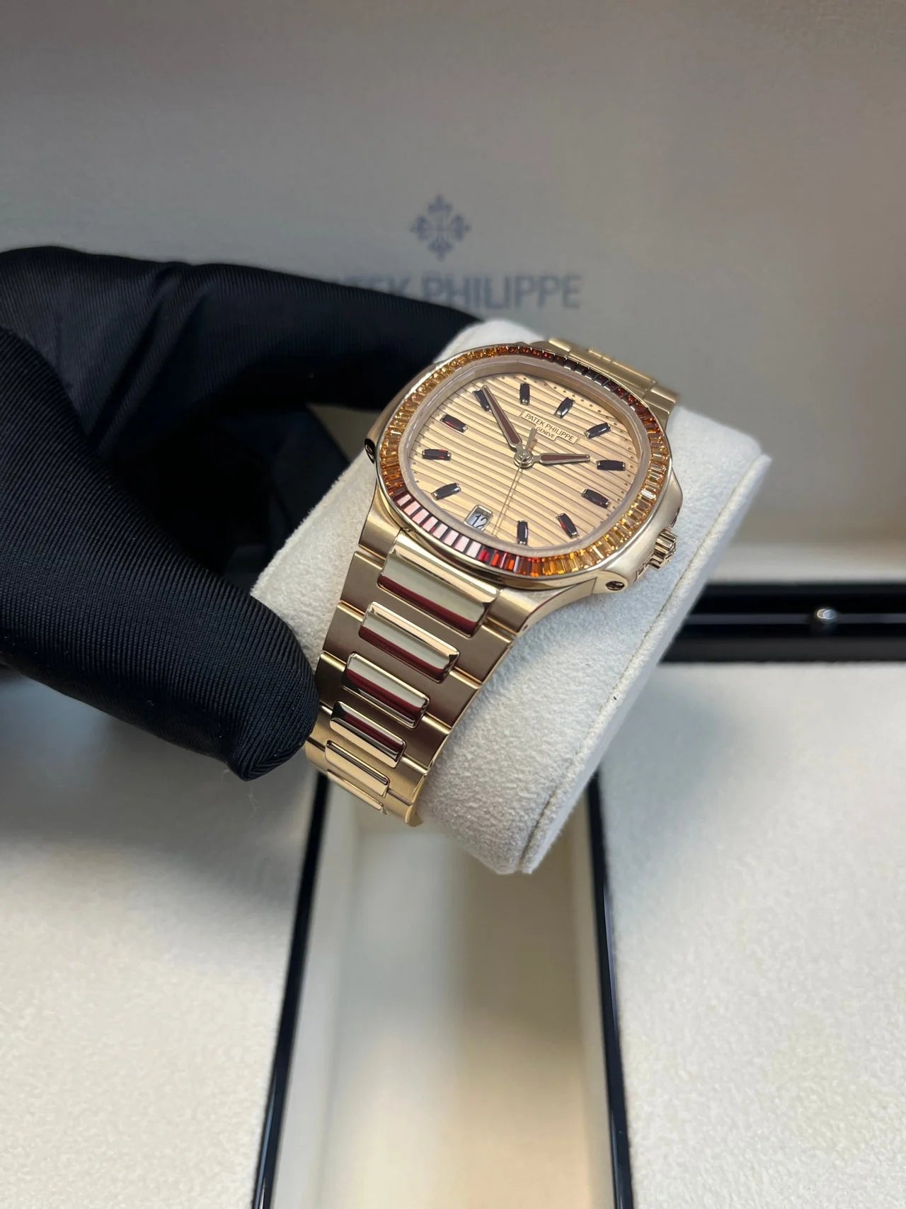 Patek Philippe Nautilus Automatic Rose Gold Baguette Cognac Bezel 7118/1300R