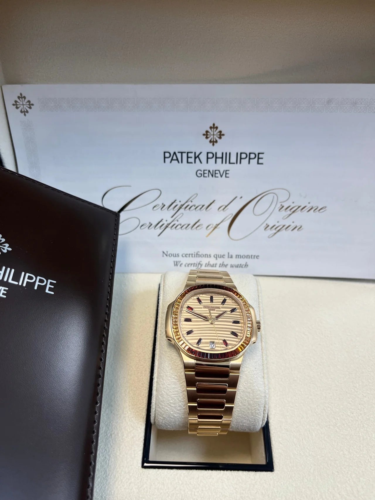 Patek Philippe Nautilus Automatic Rose Gold Baguette Cognac Bezel 7118/1300R