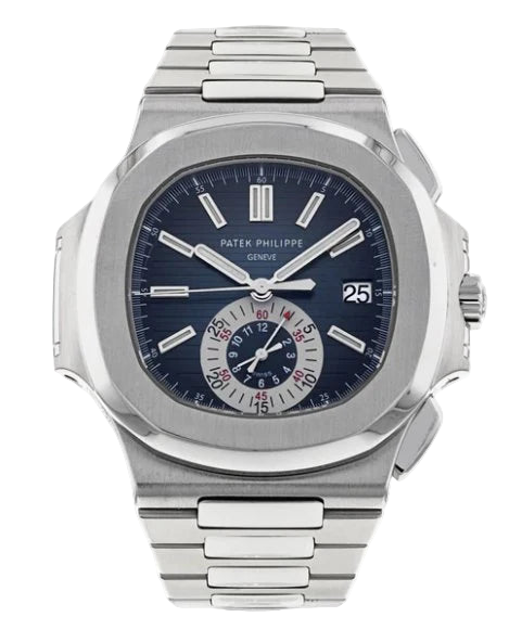 Patek Philippe watch with a blue face and silver metal band on a white background
