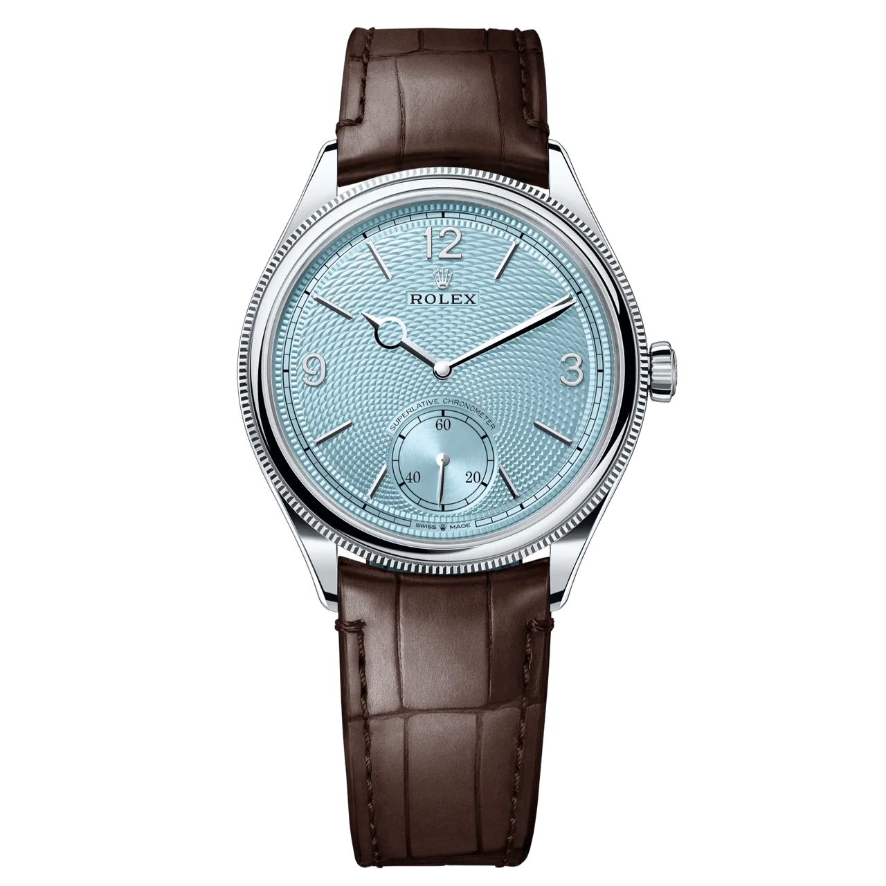 Rolex 1908 Ice Blue Motif Index Dial Leather Strap Reference 52506 Brown Alligator Strap