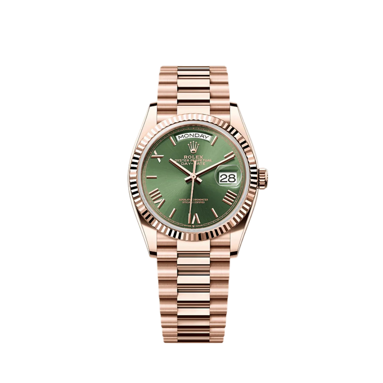Rose gold watch with a green dial on a white background