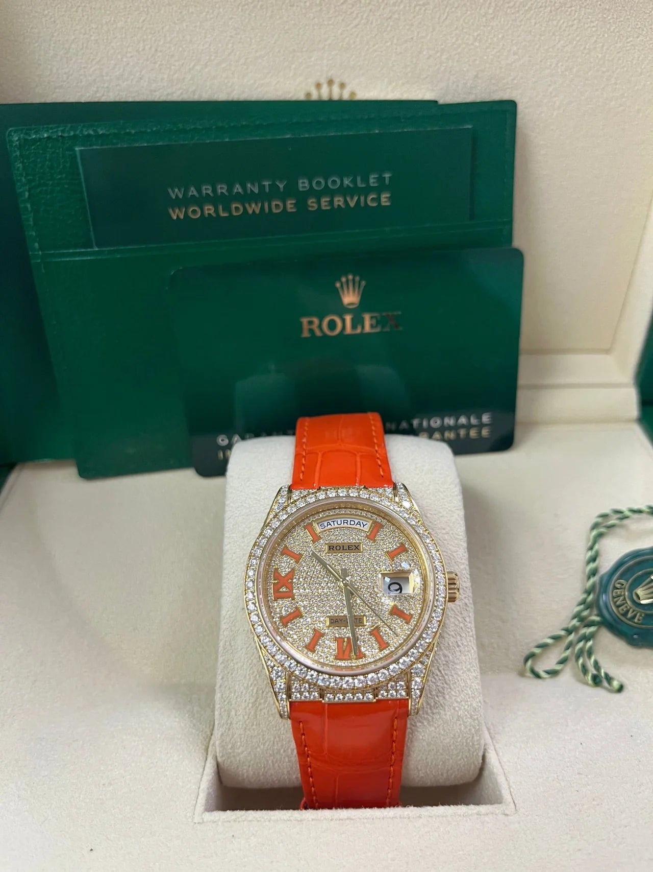 Rolex Day - Date 36 Orange Alligator Strap Pave Dial 128158rbr