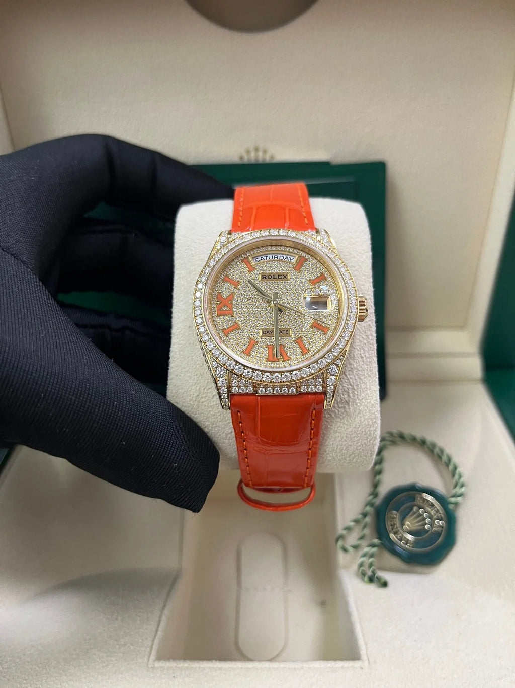 Rolex Day - Date 36 Orange Alligator Strap Pave Dial 128158rbr