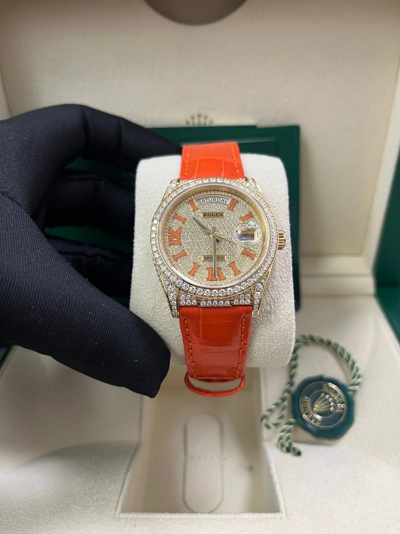 Rolex Day - Date 36 Orange Alligator Strap Pave Dial 128158rbr