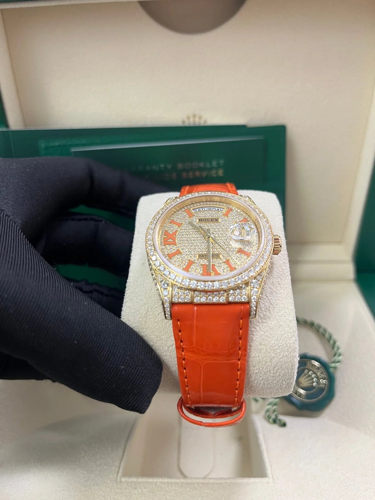 Rolex Day - Date 36 Orange Alligator Strap Pave Dial 128158rbr