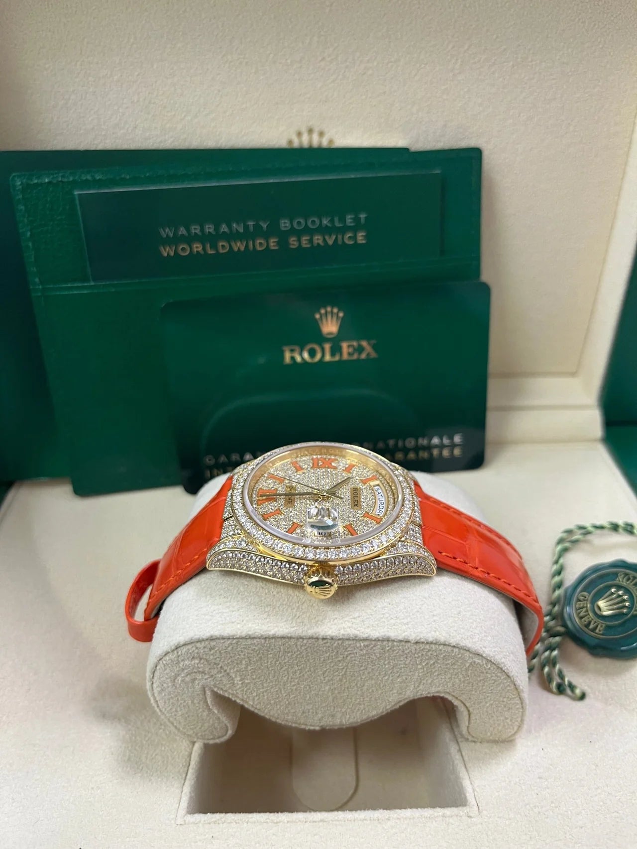 Rolex Day - Date 36 Orange Alligator Strap Pave Dial 128158rbr