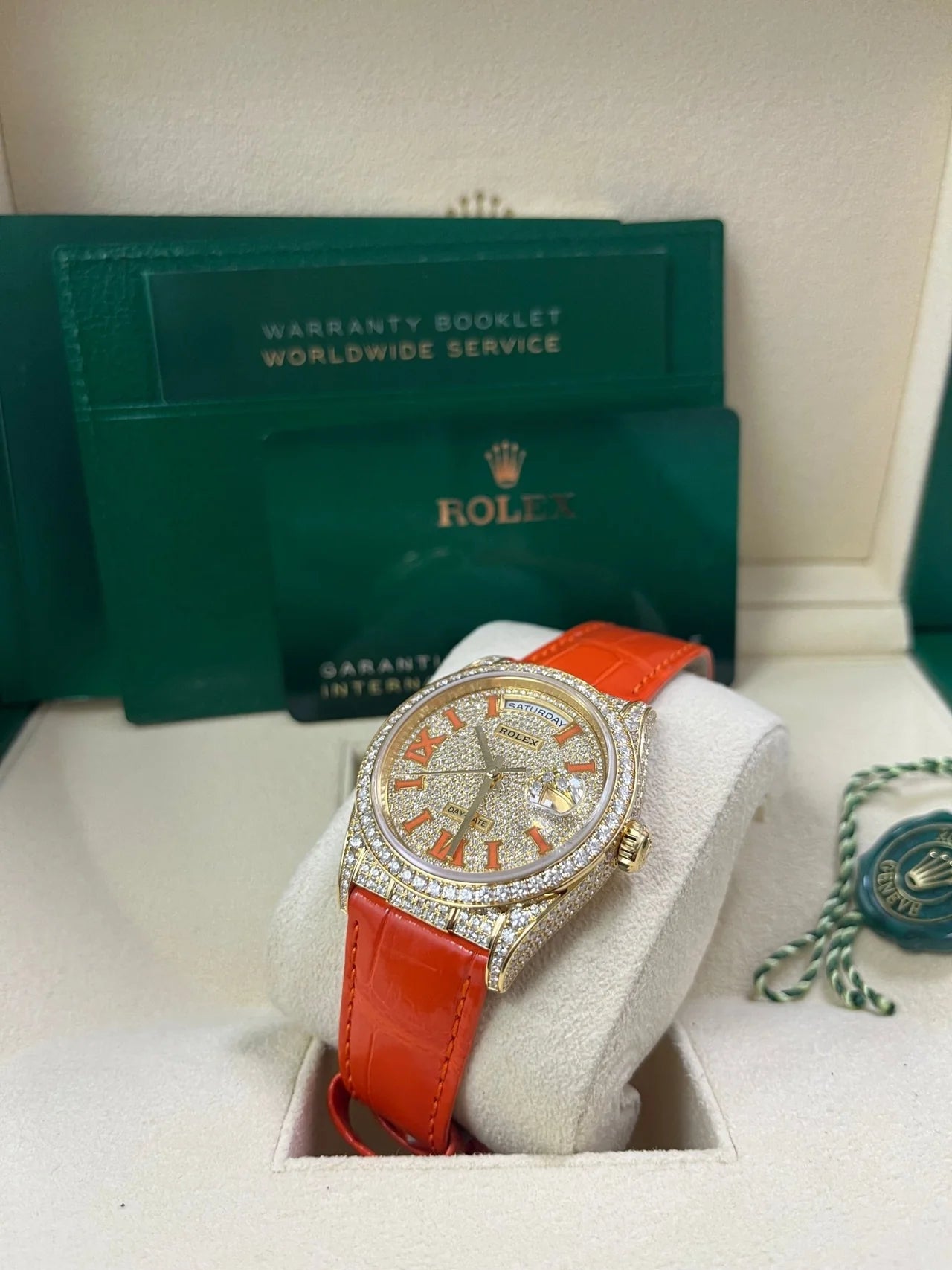 Rolex Day - Date 36 Orange Alligator Strap Pave Dial 128158rbr