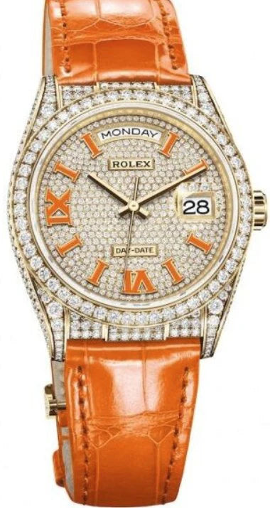 Rolex Day - Date 36 Orange Alligator Strap Pave Dial 128158rbr