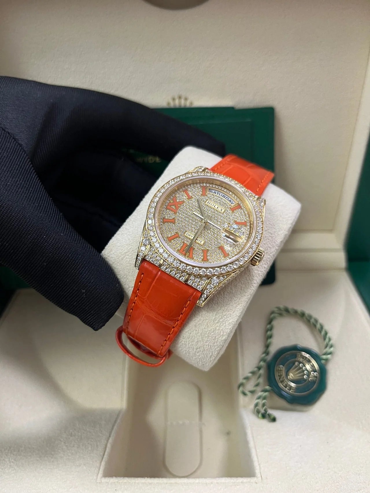 Rolex Day - Date 36 Orange Alligator Strap Pave Dial 128158rbr