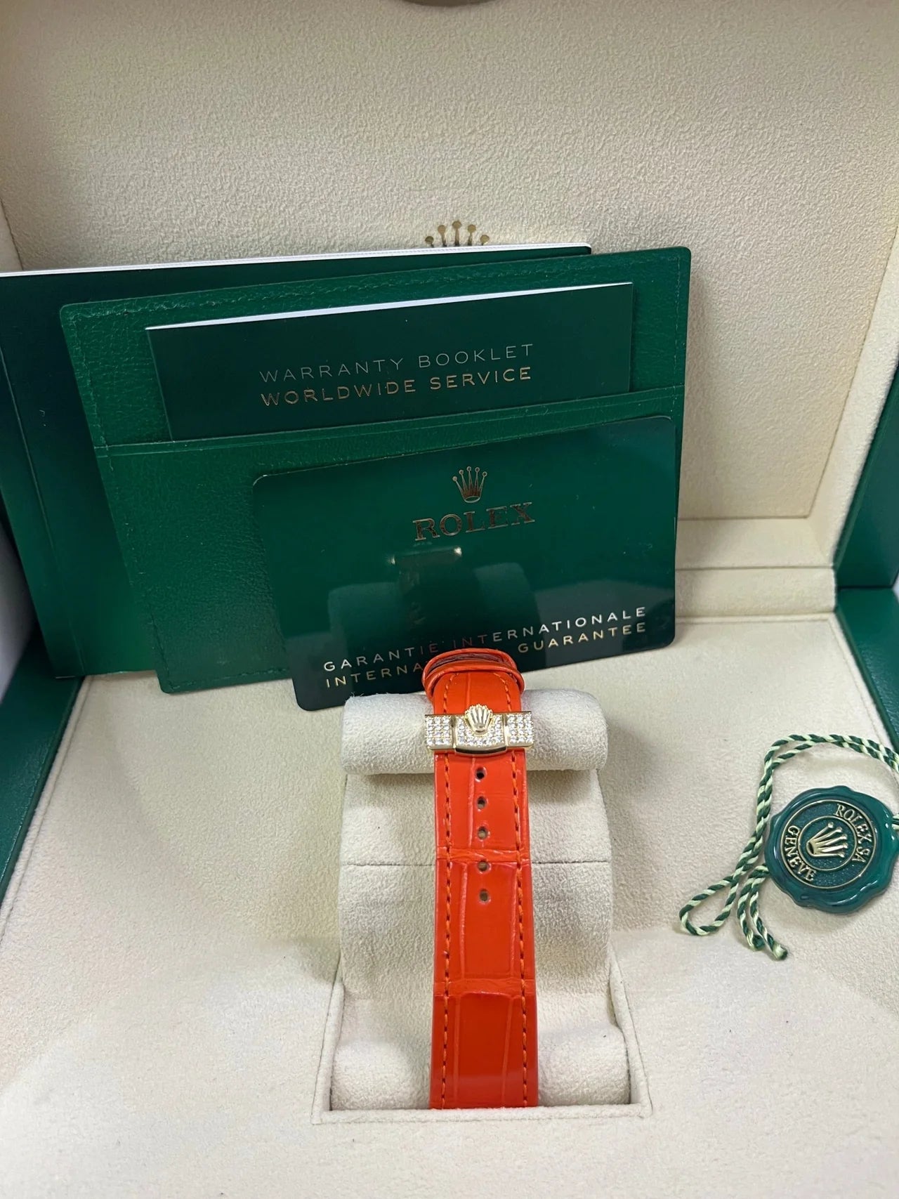 Rolex Day - Date 36 Orange Alligator Strap Pave Dial 128158rbr