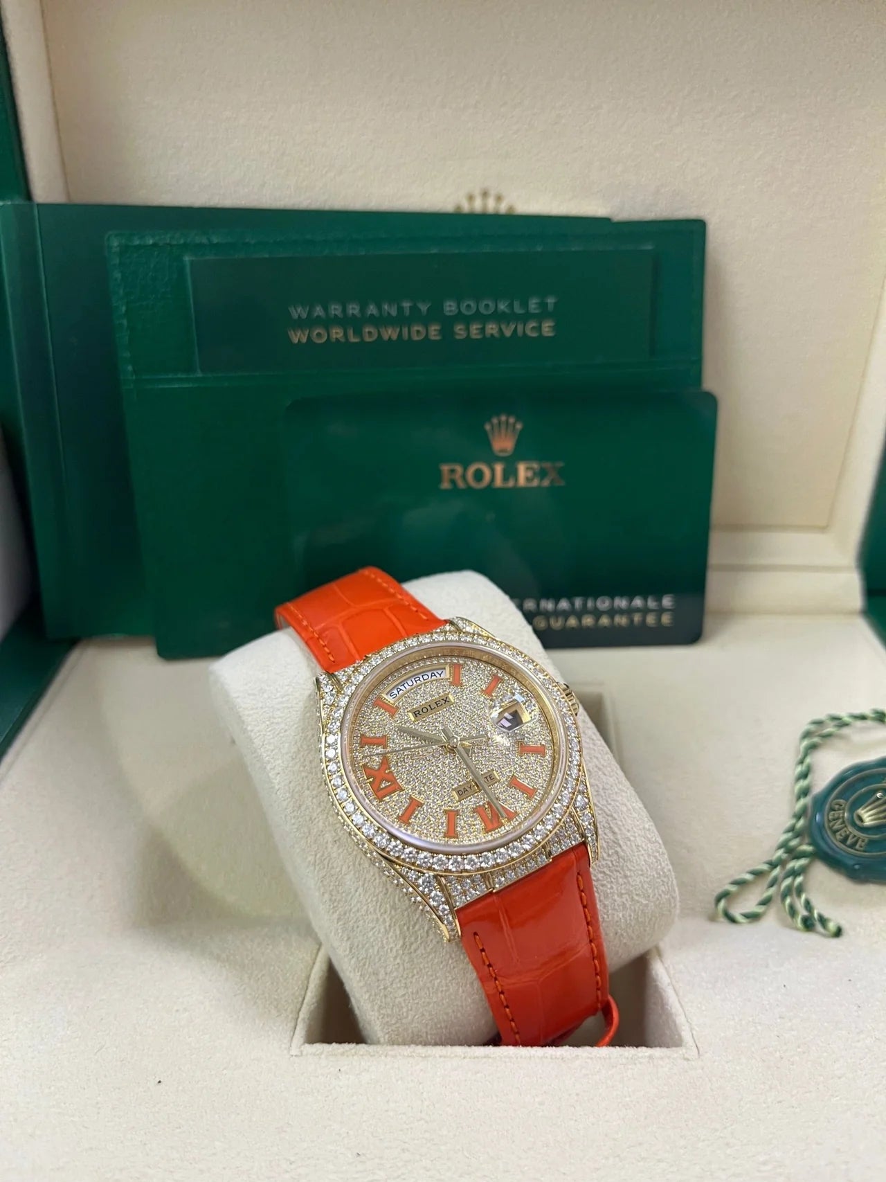 Rolex Day - Date 36 Orange Alligator Strap Pave Dial 128158rbr