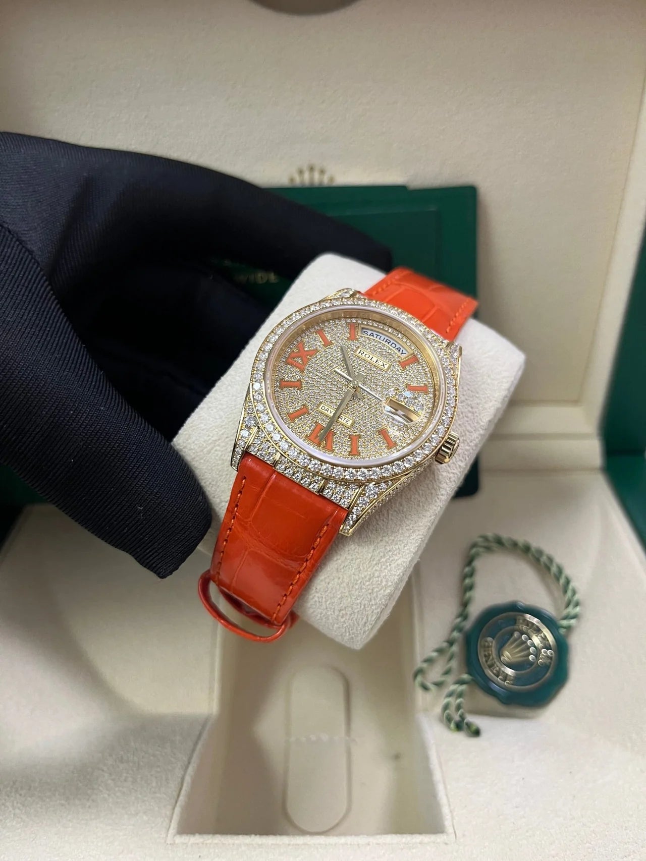 Rolex Day - Date 36 Orange Alligator Strap Pave Dial 128158rbr