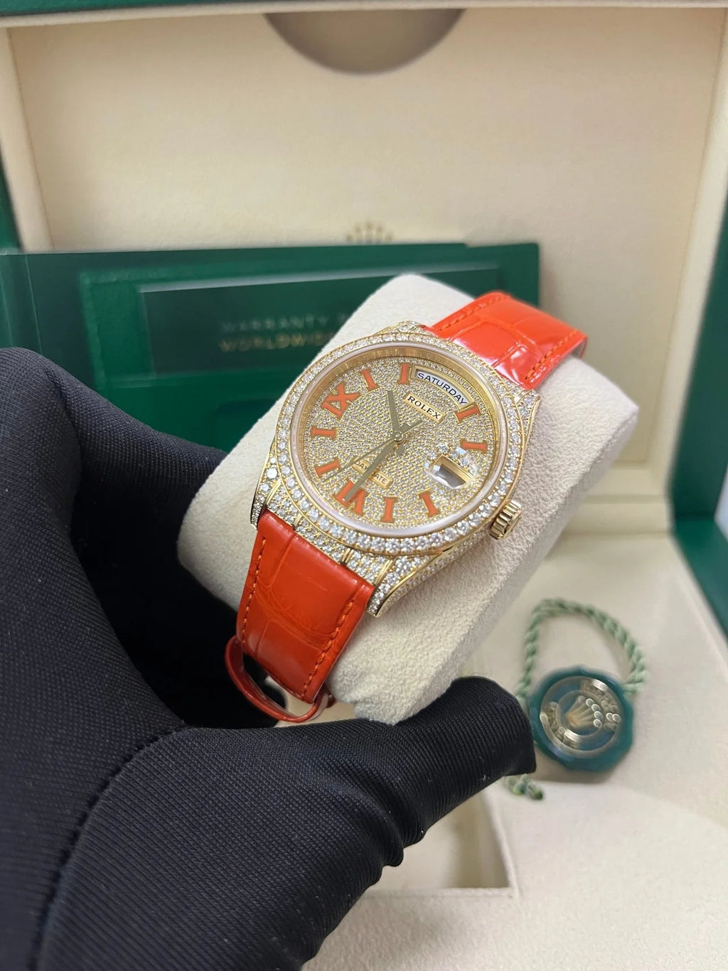 Rolex Day - Date 36 Orange Alligator Strap Pave Dial 128158rbr