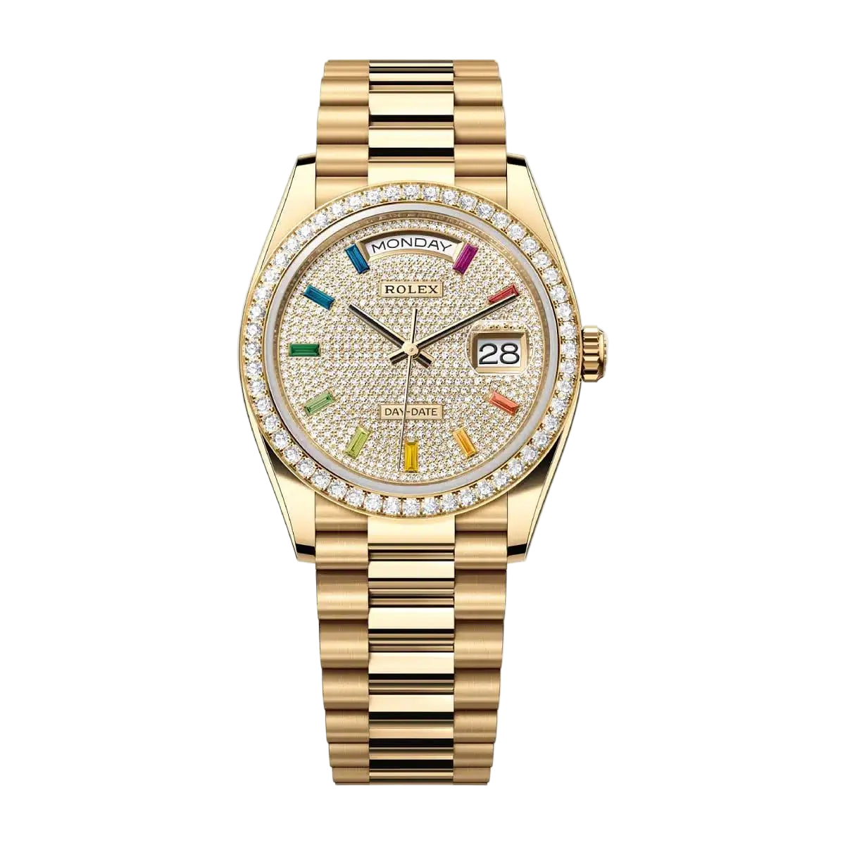 Gold wristwatch with a diamond-studded face on a white background
