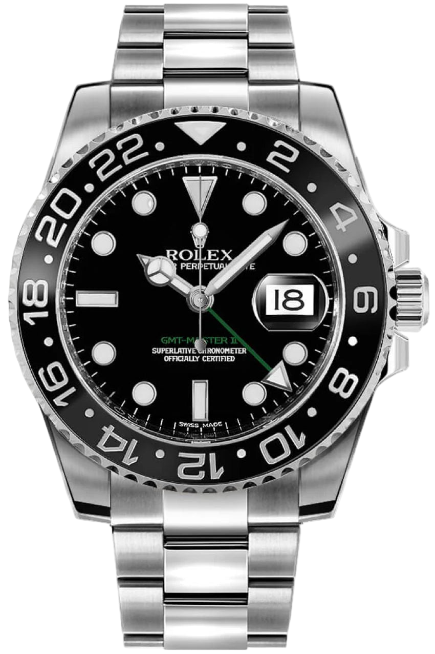 Silver and black watch with detailed face on a white background