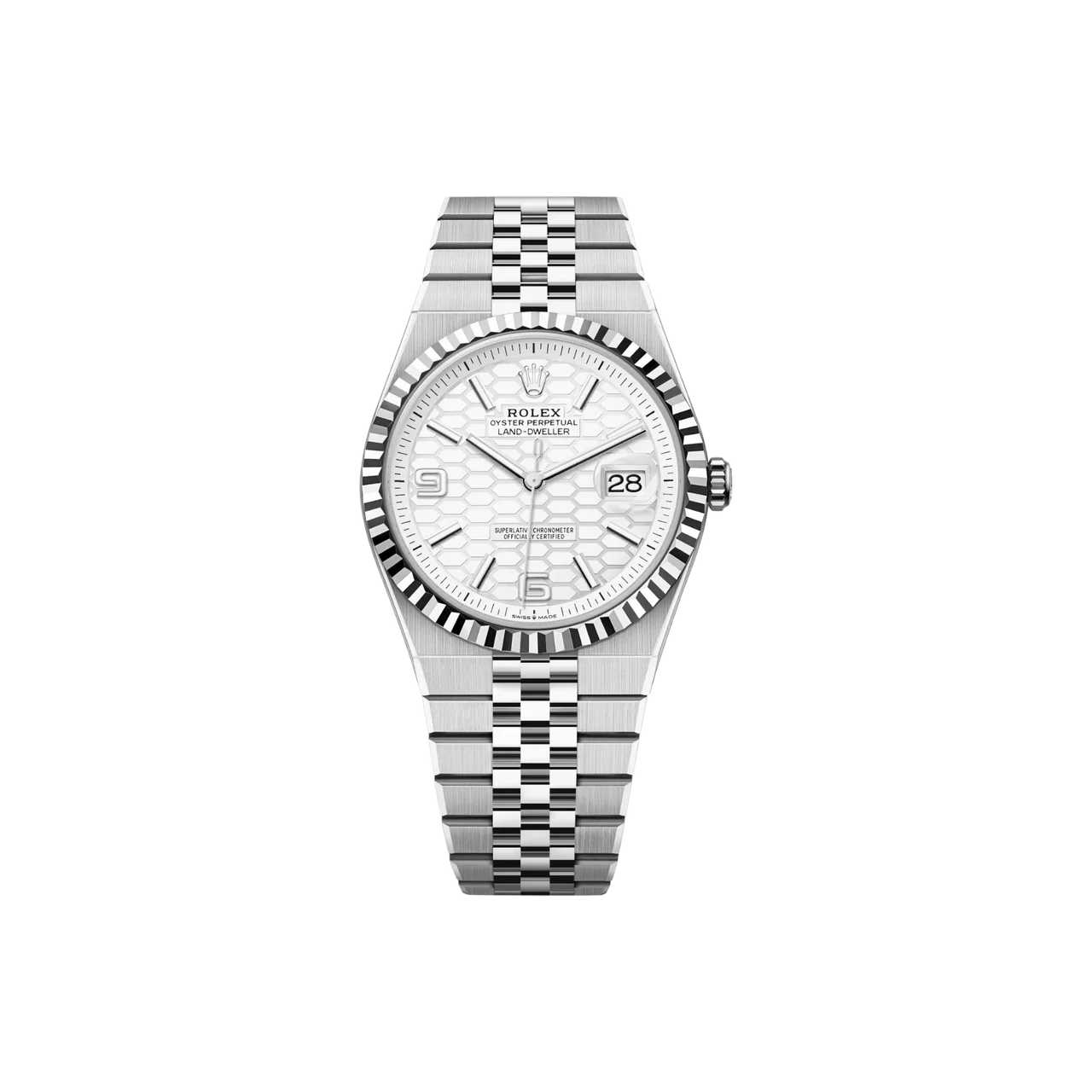 Silver watch with a white face on a white background