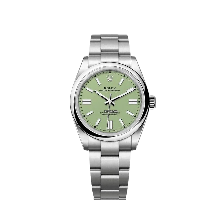 Silver watch with a green face on a white background