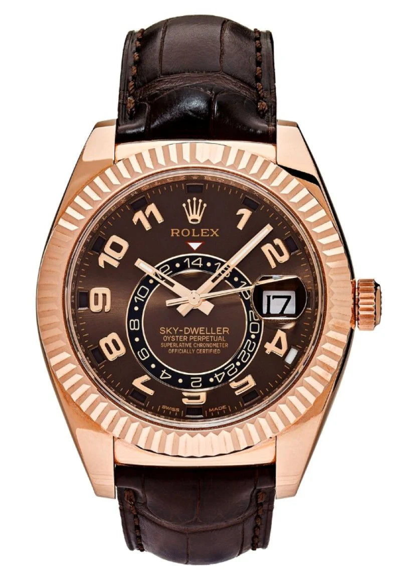 Rolex Sky-Dweller 18k Rose Gold Chocolate Arabic Dial Leather Band 326135