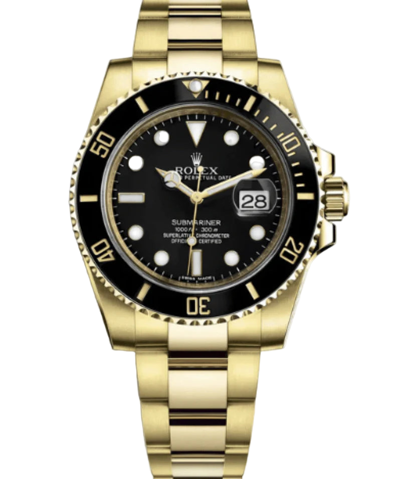 Gold watch with black dial on a white background